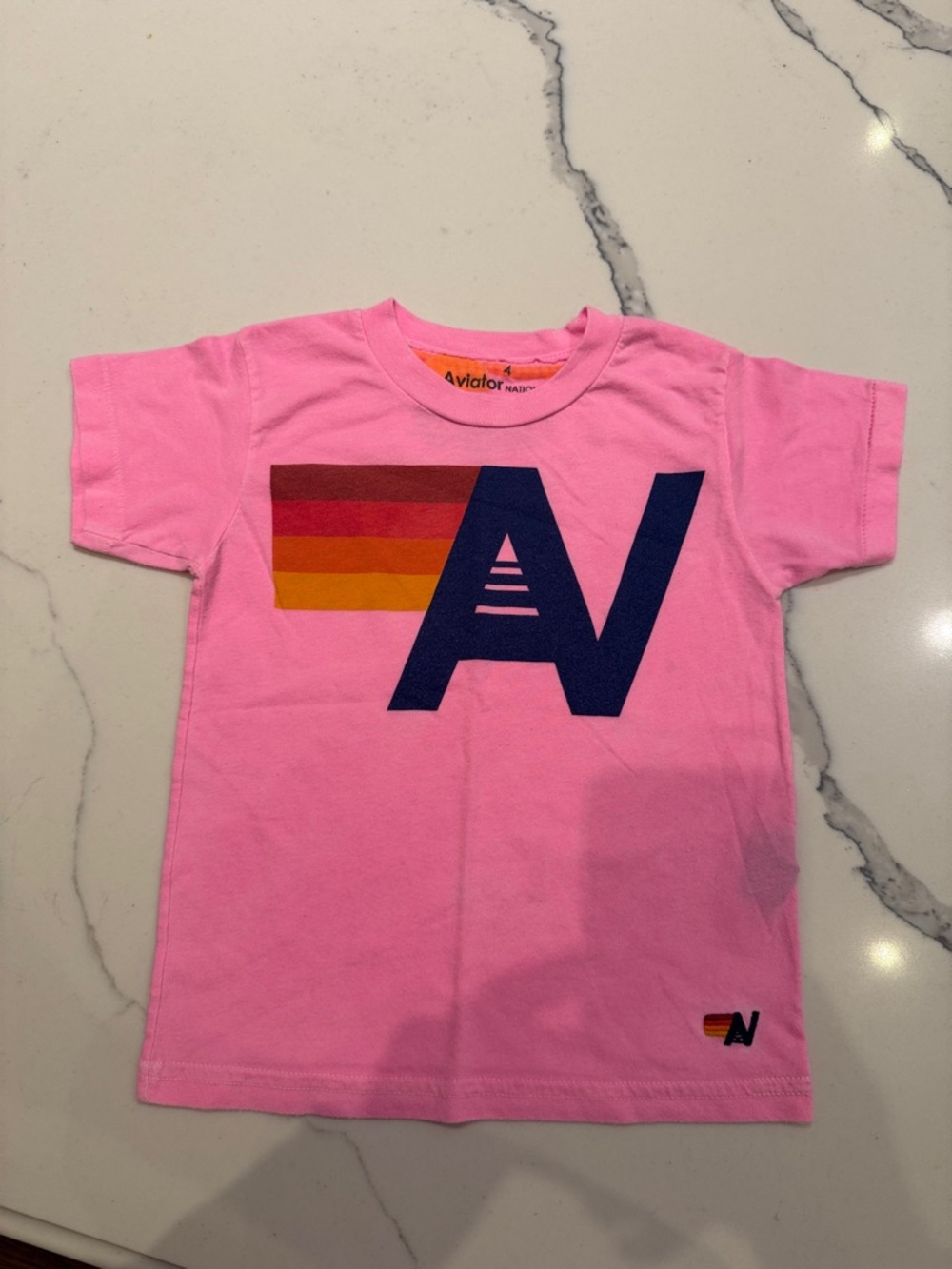 Aviator Nation Kids Pink Tee with Navy Logo and Sunset Stripes